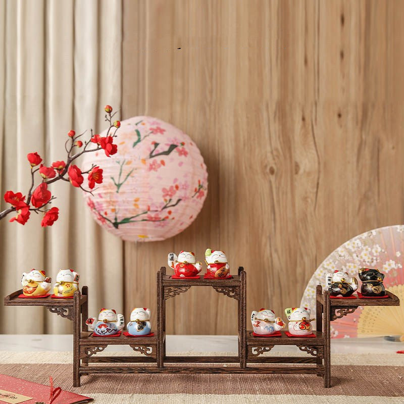 Lucky Cats with Wooden Rack