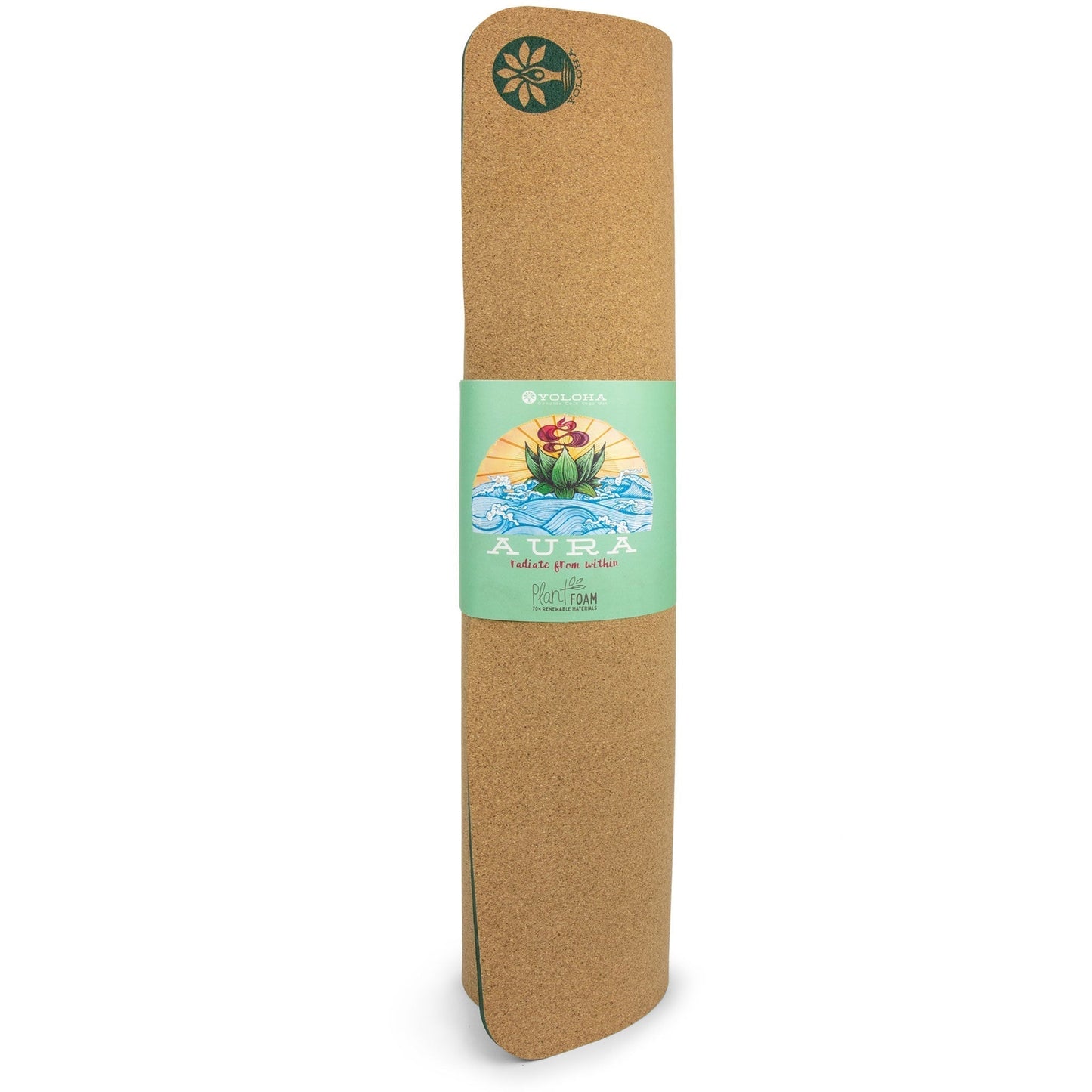 Cork yoga mat with a label on a white background