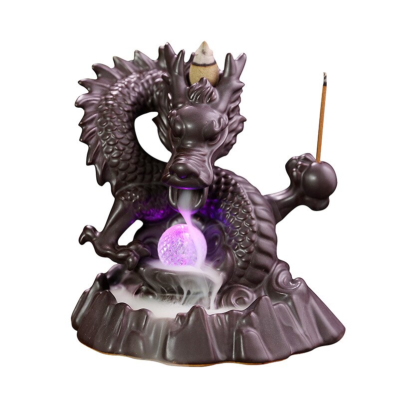 Ceramic Dragon Backflow Incense Burner With Crystal and Stick Holder