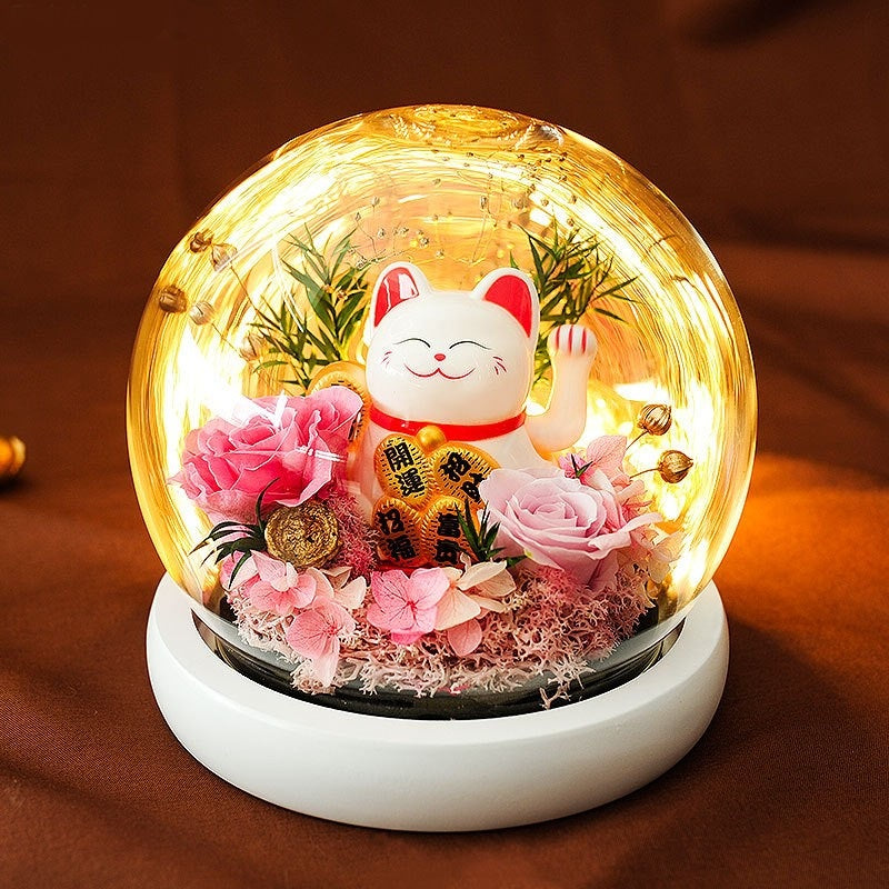 Lucky Cat with Preserved Flower