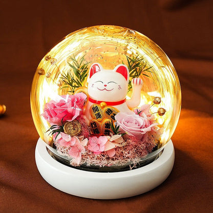 Lucky Cat with Preserved Flower
