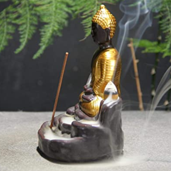 Golden Ceramic Backflow Incense Burner Buddha