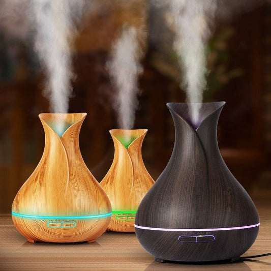 Wood Grain Tulip Essential Oil Aroma LED Diffuser With Controller 550ml