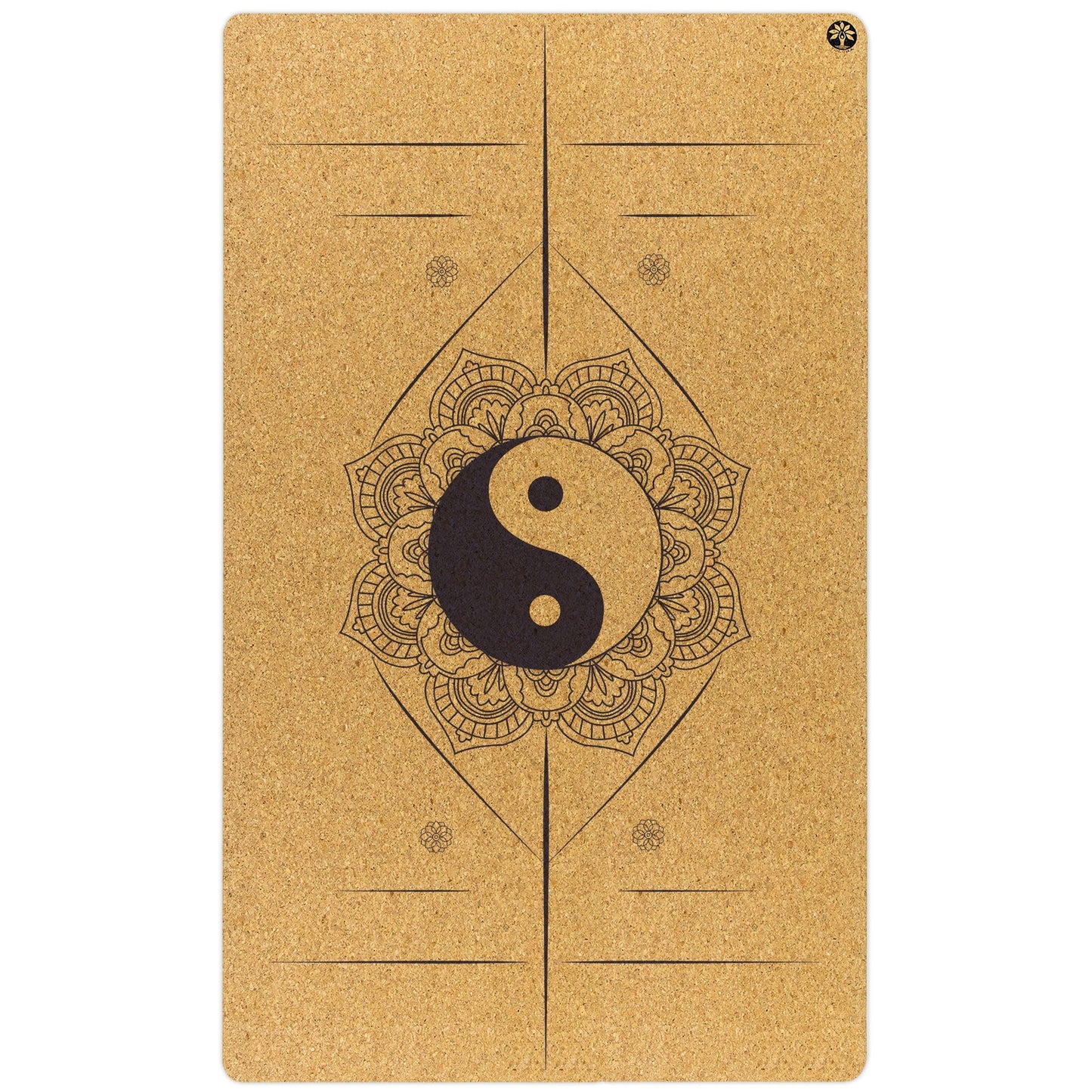 Yoga mat with yin yang symbol and mandala design on a white background