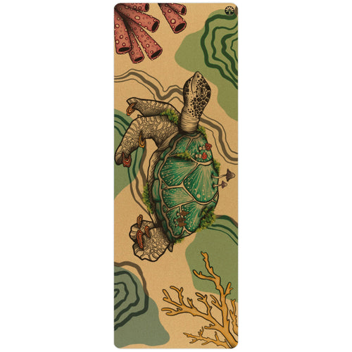 Yoga mat with turtle and coral design on a beige background