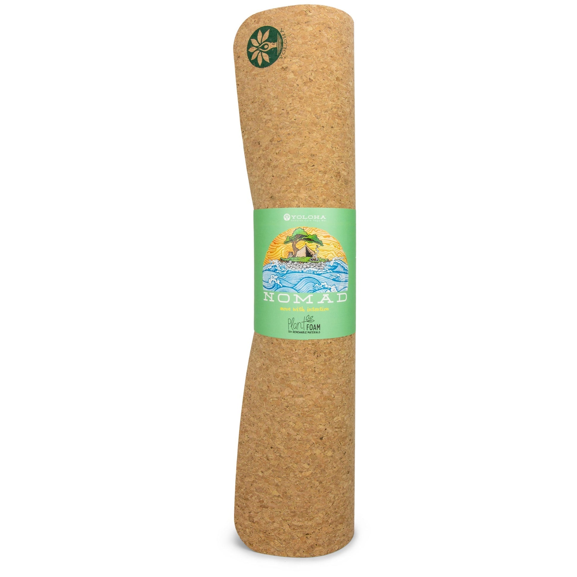 Cork yoga mat with a label on a white background