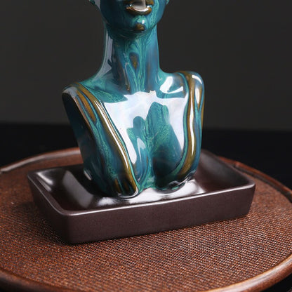 Beauty Statue Half-Head Blue Ceramic Backflow Incense Burner