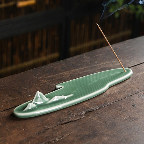 Celadon Green Ceramic Incense Stick Holder With Mountains