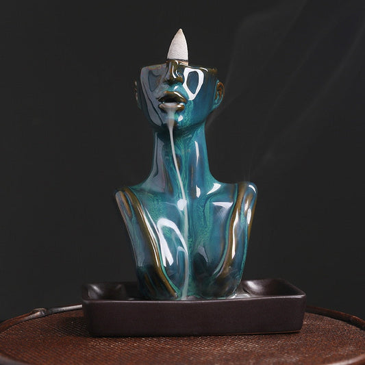 Beauty Statue Half-Head Blue Ceramic Backflow Incense Burner
