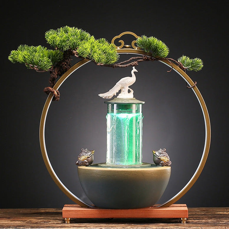 Lucky Pheasant Round LED Backflow Incense Burner With Flowing Water Fortune Fountain