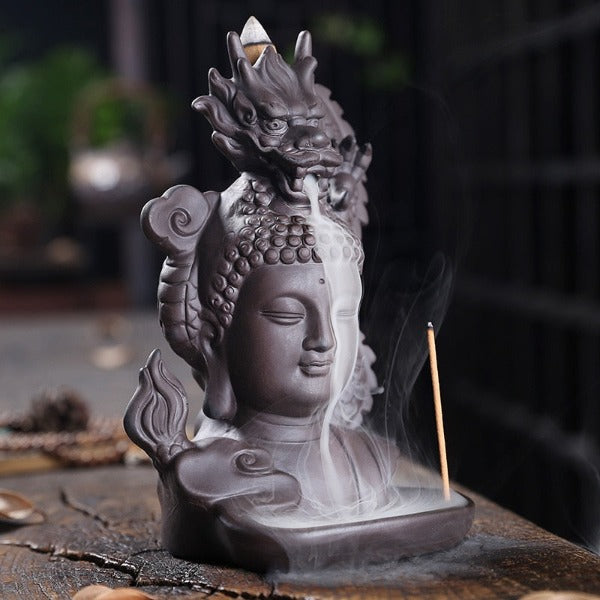 Head Of Buddha Backflow Incense Burner With Dragon