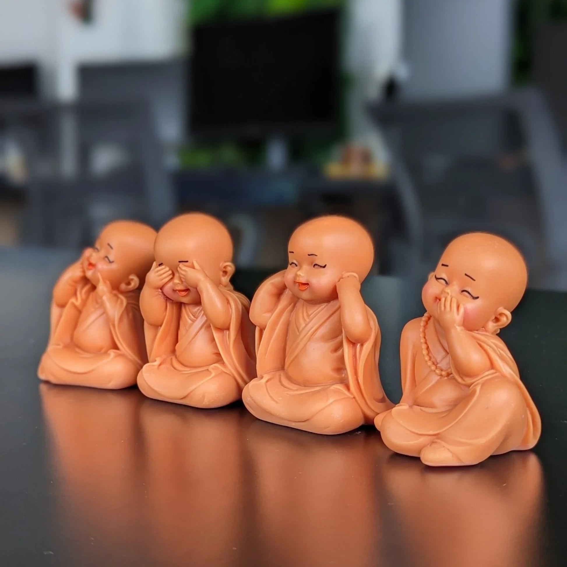 Set of 4 Pink Little Monks Statues for Good Luck
